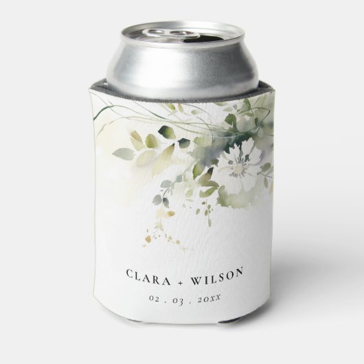 Modern Boho Abstract Groen Wit Bloemen Bruiloft Blikjeskoeler (Blikje Achterkant)