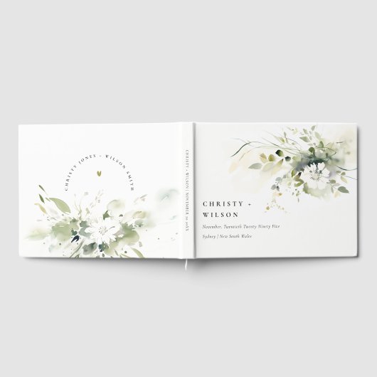 Modern Boho Abstract Groen Wit Bloemen Bruiloft Gastenboek (Volledig)