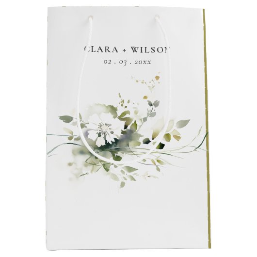 Modern Boho Abstract Groen Wit Bloemen Bruiloft Medium Cadeauzakje (Voorkant)