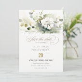 Modern Boho Abstract Groen Wit Bloemen Bruiloft Save The Date (Staand voorkant)