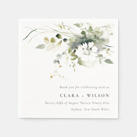 Modern Boho Abstract Groen Wit Bloemen Bruiloft Servet (Voorkant)