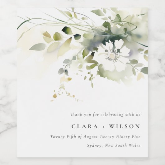 Modern Boho Abstract Groen Wit Bloemen Bruiloft Wijn Etiket (Enkel label)