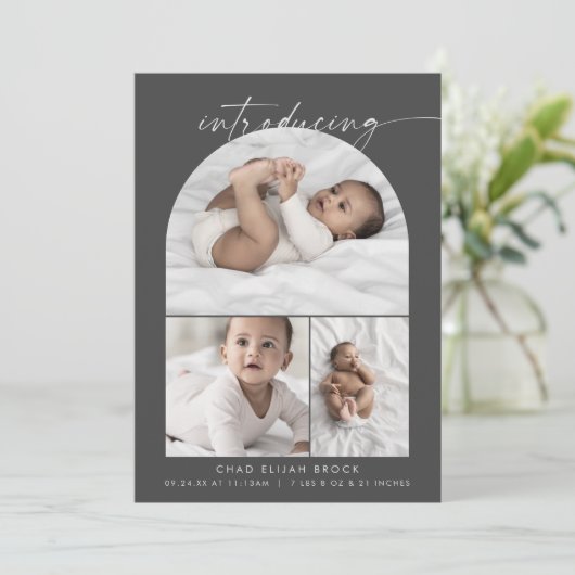 Modern Boho Arch | Grijze fotocollage geboorte Aankondiging (Staand voorkant)