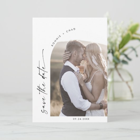 Modern Boho Arch QR Code Foto Save The Date (Staand voorkant)