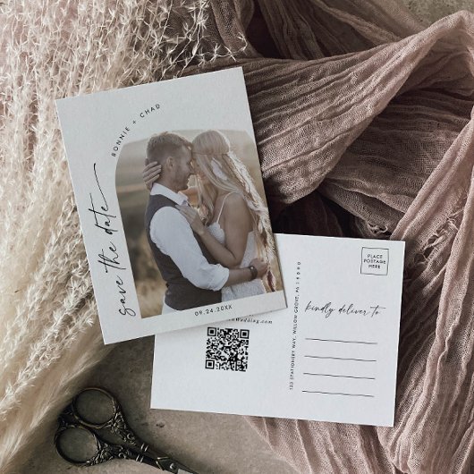 Modern Boho Arch QR Code Photo Save the Date Uitnodiging Briefkaart
