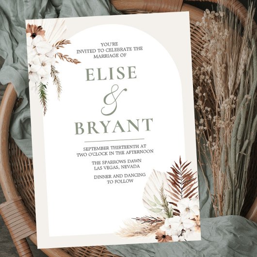 Modern Boho Arch White Floral Wedding Invitation Kaart