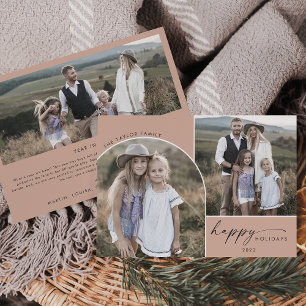 Modern Boho Arch Zalm 3 Gezinsfoto's Feestdagenkaart