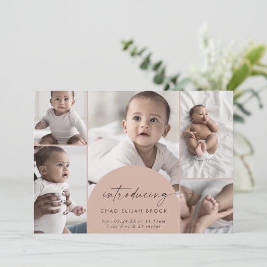 Modern Boho Arch | Zalm Multi Photo Birth Aankondiging (Staand voorkant)