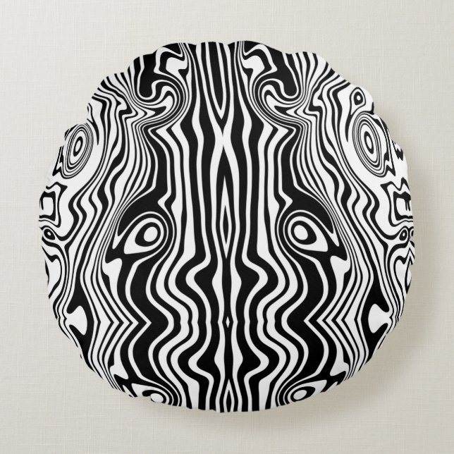 Modern Boho Black and White Pattern Strips Animal Rond Kussen (Voorkant)