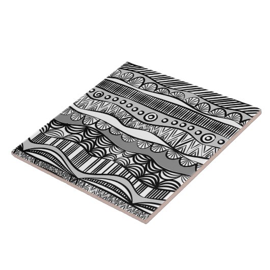 Modern Boho Black en White Pattern Strips Doodles Tegeltje (Zijkant)