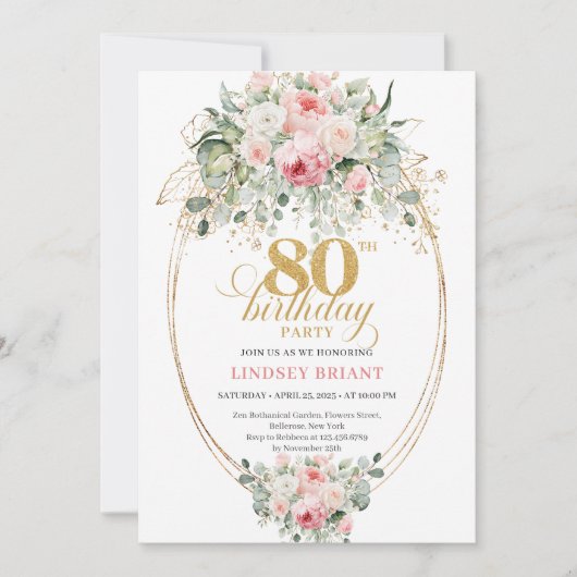 Modern Boho Blush Roses 80th Birthday Invitation (Devant)