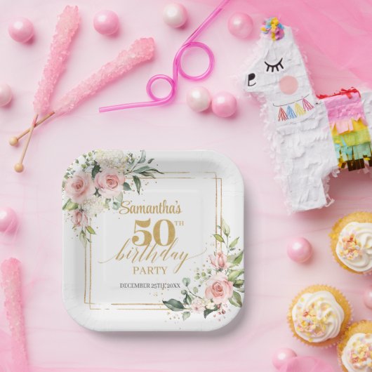 Modern Boho blush roze bloemengoud 50ste verjaarda Papieren Bordje (Feest)