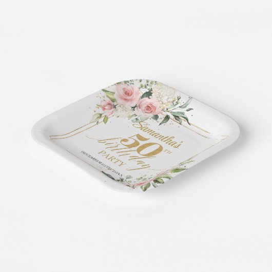 Modern Boho blush roze bloemengoud 50ste verjaarda Papieren Bordje (Gebogen)