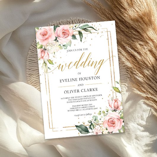Modern Boho blush roze bloemengoud lijst bruiloft Kaart
