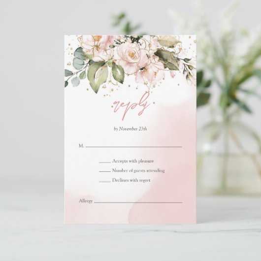 Modern Boho blush roze bloemengoud lijst RSVP (Staand voorkant)