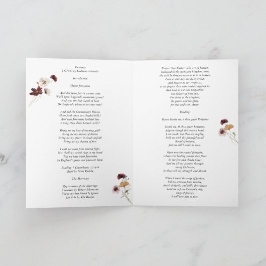 Modern Boho Bourgondië Wildflower Wedding Programm Programma (Binnen)