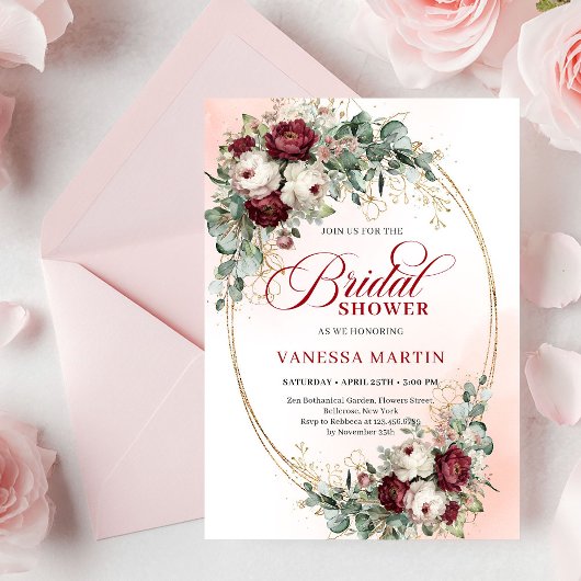 Modern Boho Burgundy Gold Eucalyptus Bridal Shower Kaart