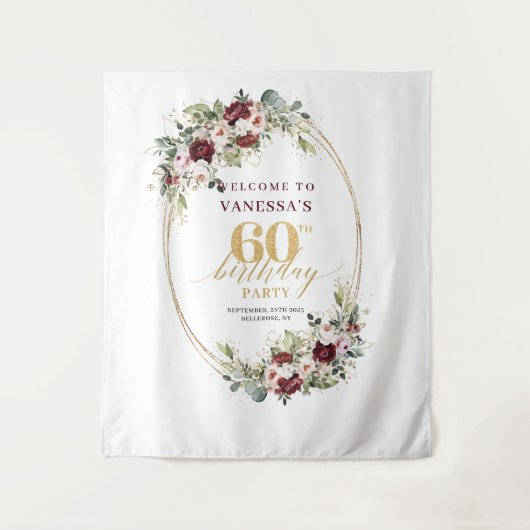 Modern Boho Burgundy Gold Greenery 60th Backdrop Wandkleed (Voorkant)