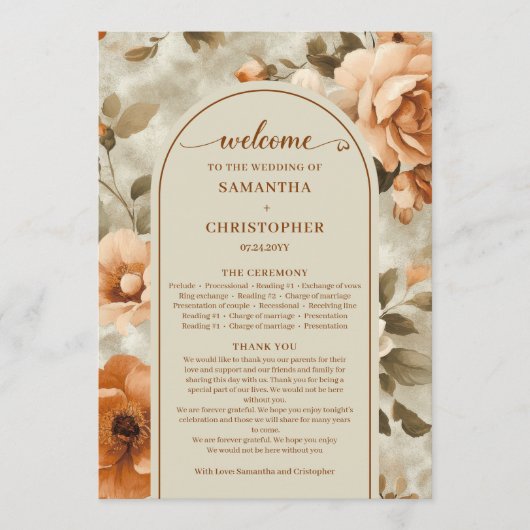 Modern Boho Burnt Orange Beige Sage Wedding Day Programma (Voorkant)