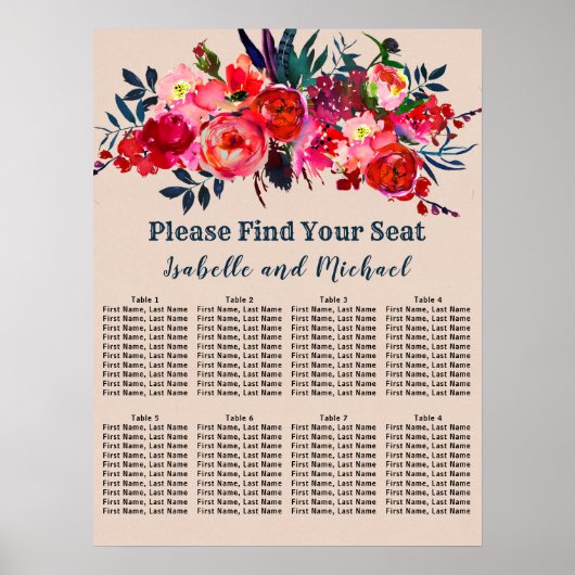 Modern Boho Chic Red Floral 8-tabel Poster (Voorkant)