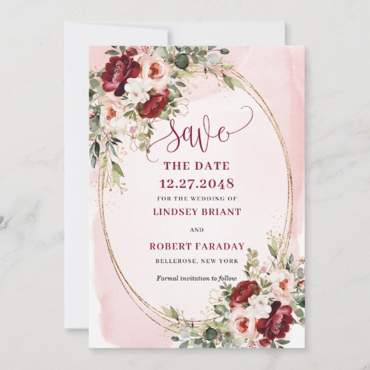 Modern Boho Deep Red Blush Gold Floral Save Date Kaart (Voorkant)