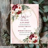 Modern Boho Deep Red Blush Gold Floral Save Date Kaart