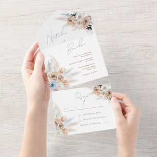 Modern Boho Dusty Blue Script Wedding All In One Uitnodiging