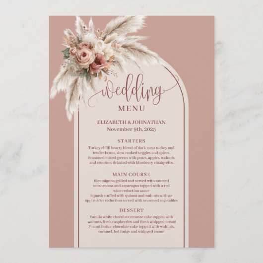 Modern Boho Dusty Pink Pampas Floral Wedding Menu (Devant)