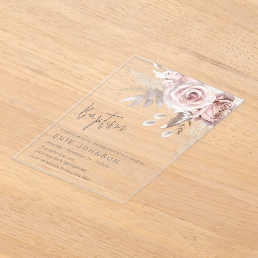 Modern Boho Dusty Roos & Blush Bloemen Doop Acryl Uitnodigingen (Laagn)