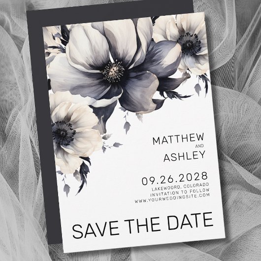 Modern Boho Elegant Zwart Wit Bloemen Bruiloft Save The Date