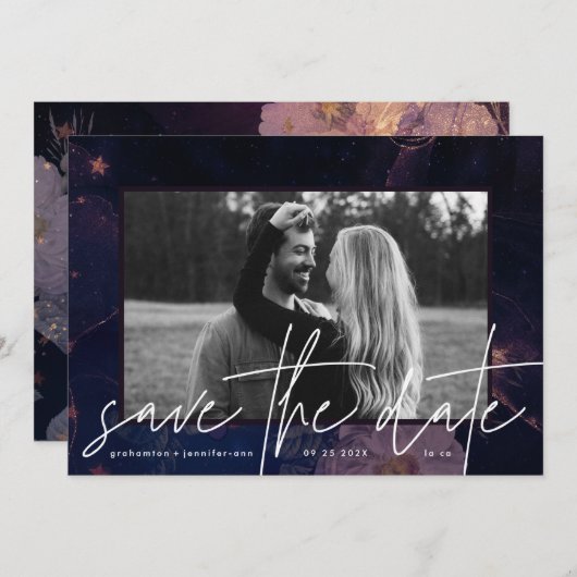 Modern Boho Floral Fantasy Dark Herfst Paars Save The Date (Voorkant / Achterkant)