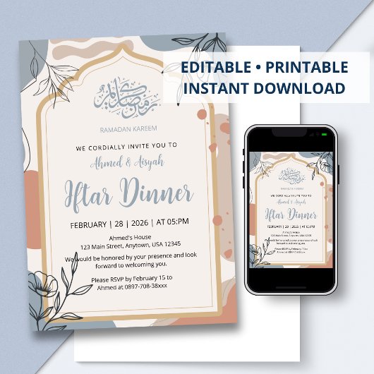 Modern Boho Floral Iftar Dinner Ramadan Invitation Kaart