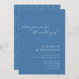 Modern Boho Floral Line Art Blue Script Wedding Kaart