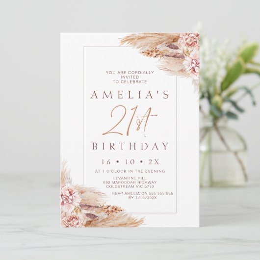 Modern Boho Floral Pampas Grass 21st Birthday Kaart (Staand voorkant)