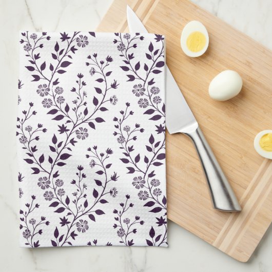 Modern Boho Floral Pattern Plum White Theedoek (Quarter Fold)