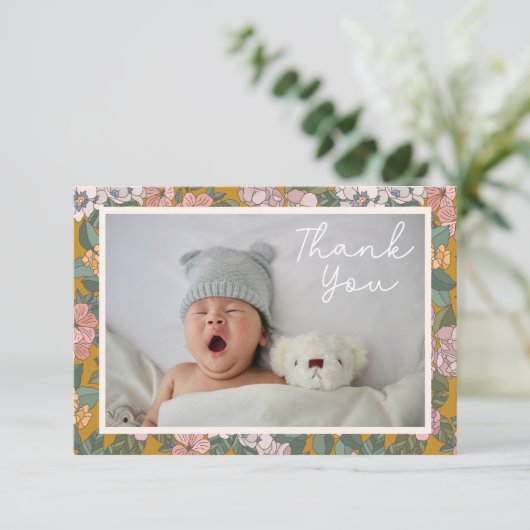 Modern Boho Floral Two Photo Baby shower Message Bedankkaart (Staand voorkant)