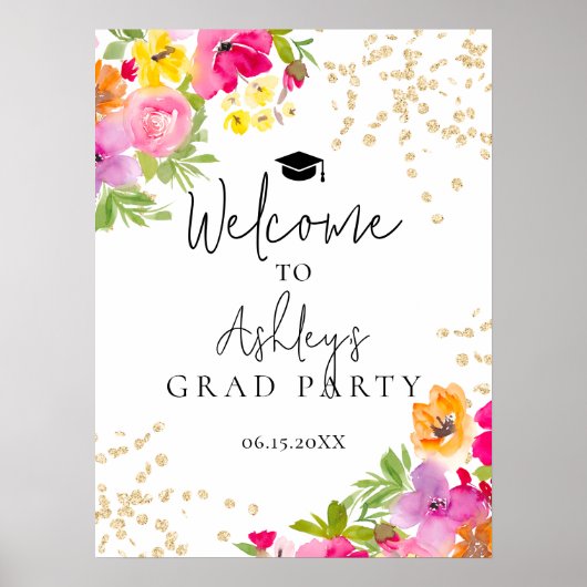 Modern Boho Floral Waterverf Afstuderen Welkom Poster (Voorkant)