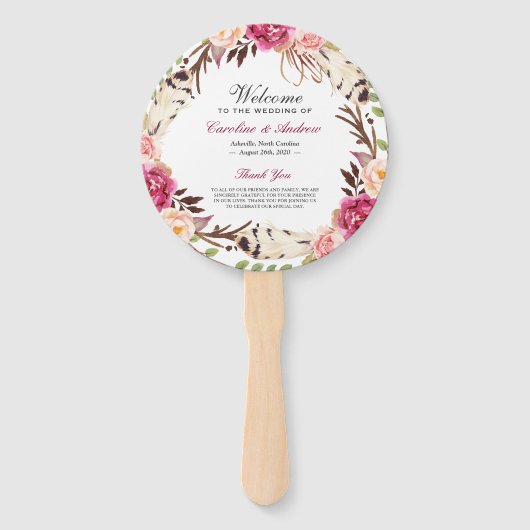 Modern Boho Floral Wreath Trouwprogramma Handwaaier (Voorkant)