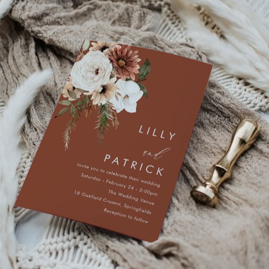 Modern Boho Flowers Terracotta Wedding Kaart