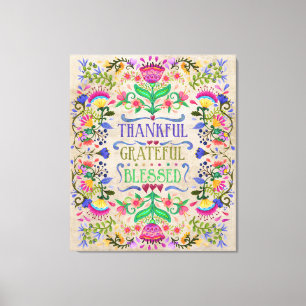 Modern Boho Folk Art Flowers Gezegend Canvas Afdruk