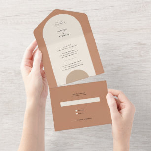Modern Boho Geometric Arch Terracotta Wedding All In One Uitnodiging