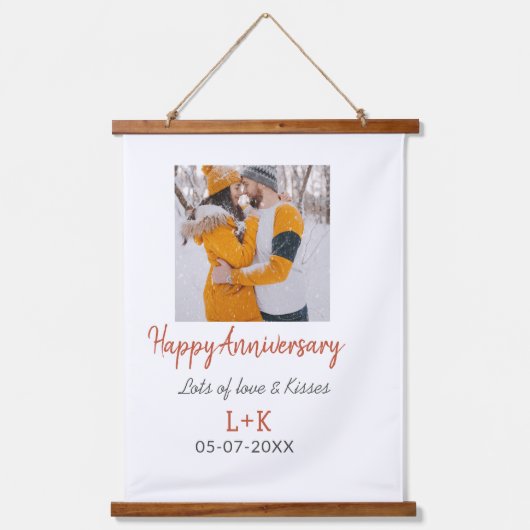 Modern boho happy anniversary naam toevoegen datum hangend wandkleed (Voorkant)