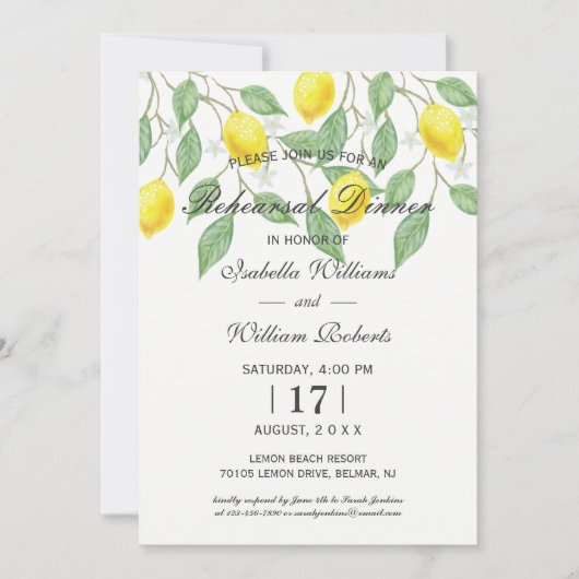 Modern Boho Lemon Summer Rehearsal Dinner Kaart (Voorkant)