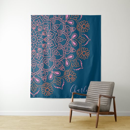 Modern Boho Mandala Medallion Blauwgroen scriptnaa Wandkleed (In situ)