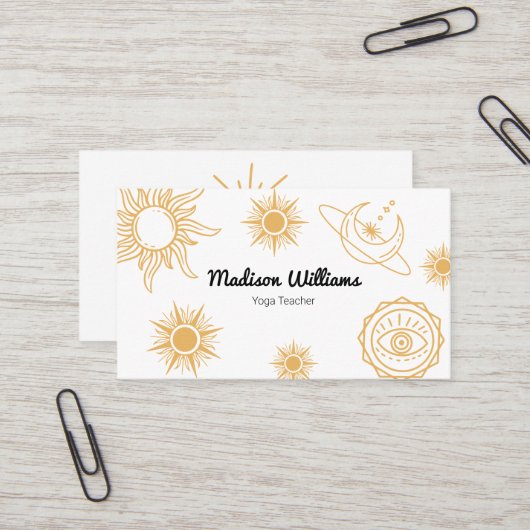 Modern Boho Mystical Yellow Sun en Moon Pattern Visitekaartje (Voorkant / Achterkant in situ)