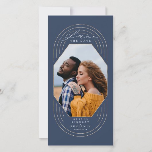 Modern Boho Navy Blue en Gold Save the Date Photo (Voorkant)