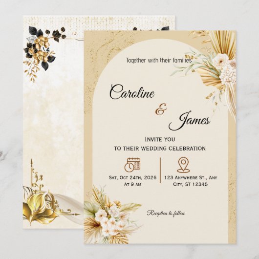 Modern Boho Pampas Grass Arch Wedding Invitation (Devant / Derrière)
