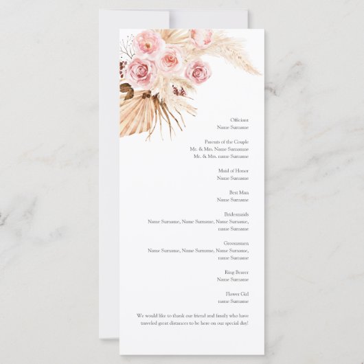 Modern Boho Pampas Grass Floral Wedding Programme (Achterkant)