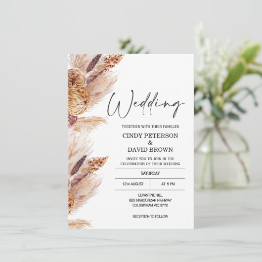 Modern Boho Pampas Grass Wedding Uitnodiging (Staand voorkant)