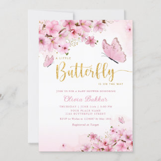 Modern Boho Pink Floral Butterfly Girl Baby shower Kaart